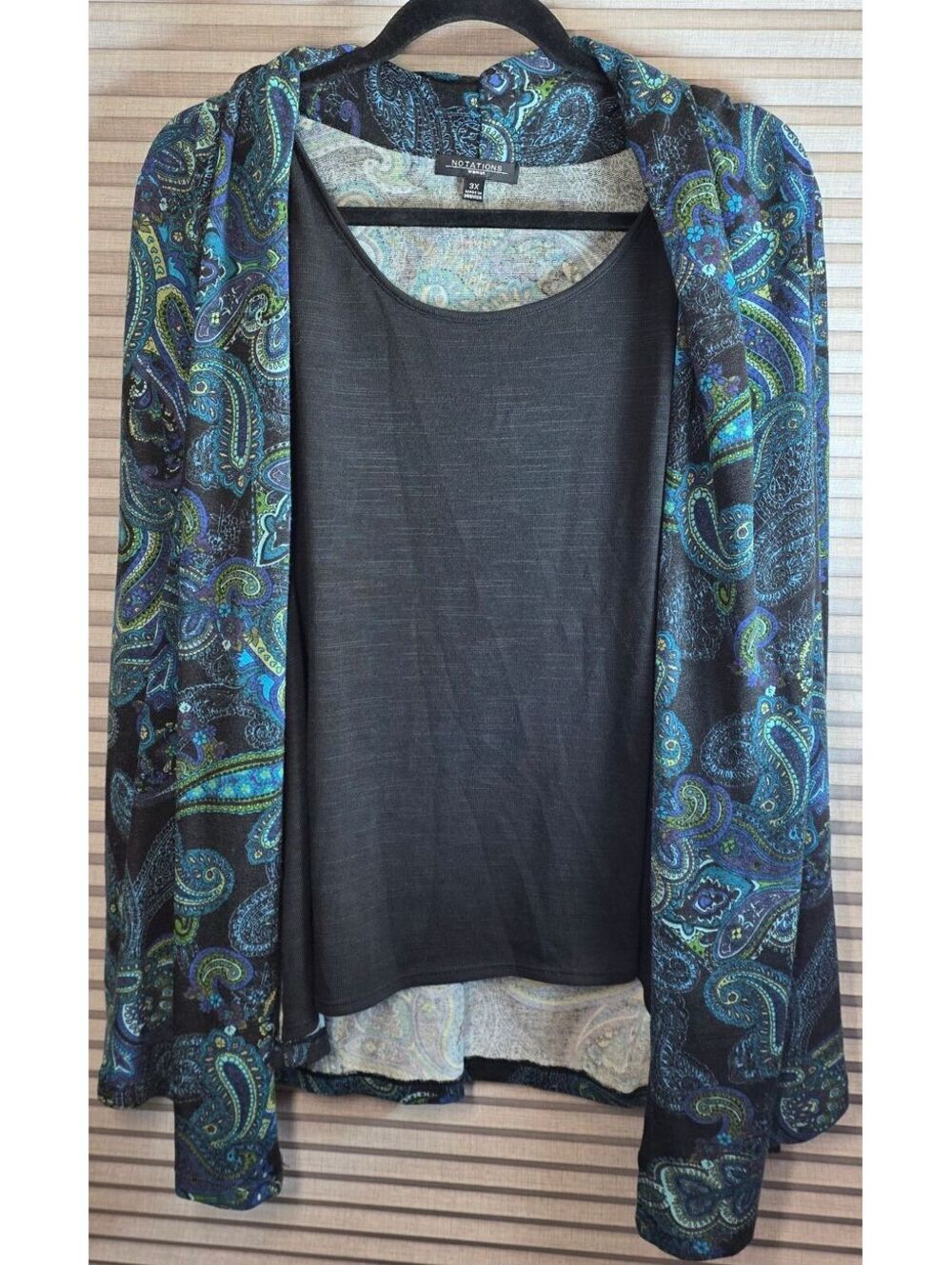 Notations Womens Plus Size 3X Blue Paisley Long Sleeve Top 2 in 1 Cardigan Shirt